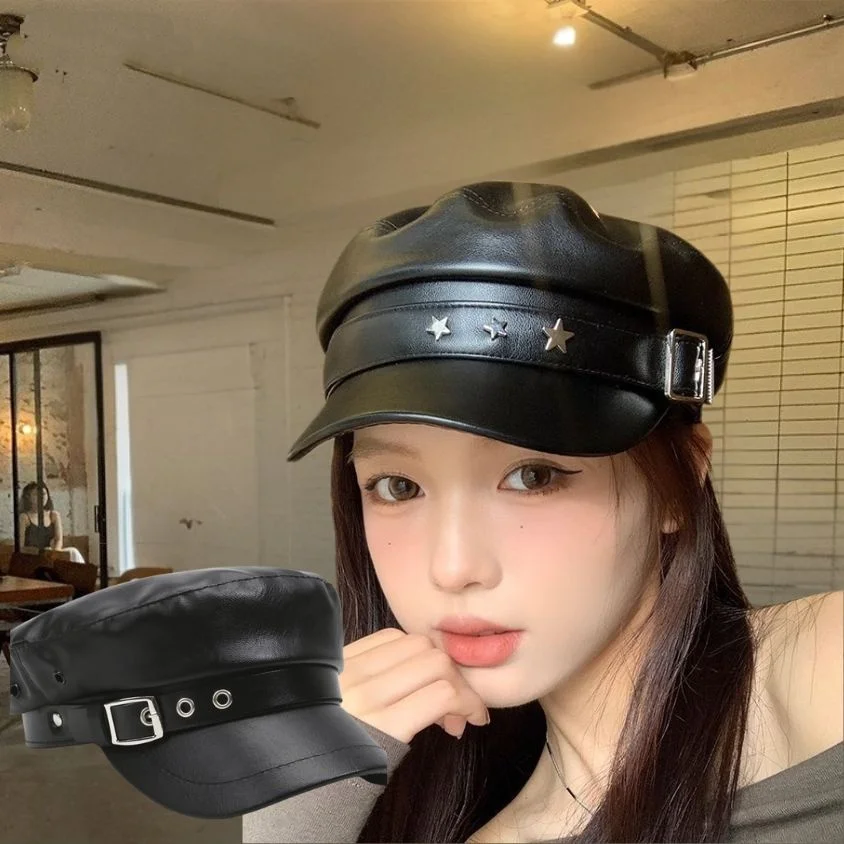

Women's PU Leather Beret Hat Vintage England Flat Top Newsboy Caps Outdoor Casual berets Black Color Artist Fashion Painter Hat