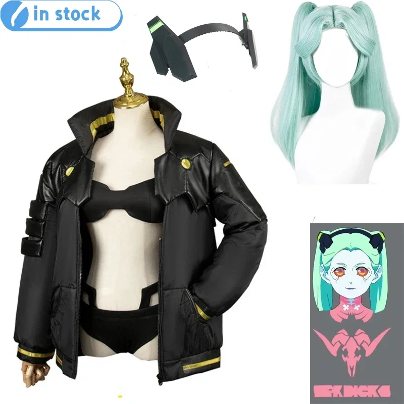 زي تنكري للنساء من Cyberpunk Edgerunners Rebecca ، سترة ، شعر مستعار ، وشم ، ملصقات ، بدلة أغطية الرأس ، أزياء الهالوين ، متوفرة بالمخزون