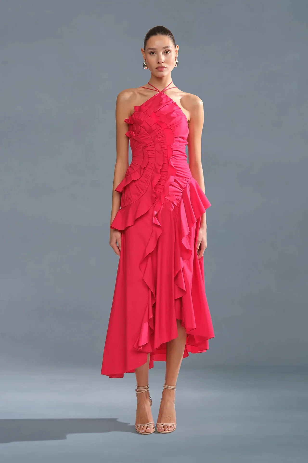 Partykleider – Neuheit: Elegantes Y2K-Party- und Urlaubskleid mit Neckholder, Rüschen, Abendkleid, einfarbig, Falten, A-Linie, Schnürung, rückenfrei, sexy – ZBA8