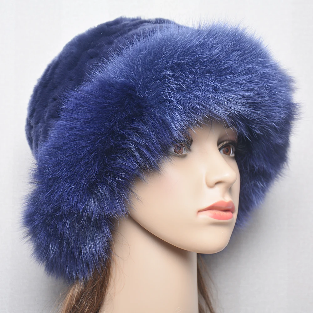 New Style Women Outdoor Winter Warm Natural Fox Fur Hats Lady Knit Fur Cap Female Fashion Knitted Fluffy Real Rex Rabbit Fur Hat