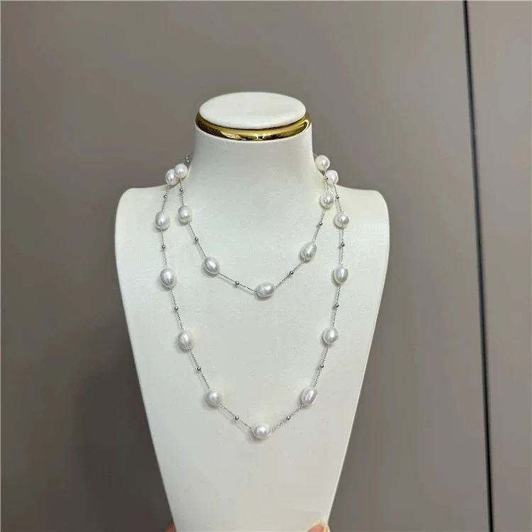 Freshwater White Rice Pearl  Gunmetal Color Plated Chain Necklace 33