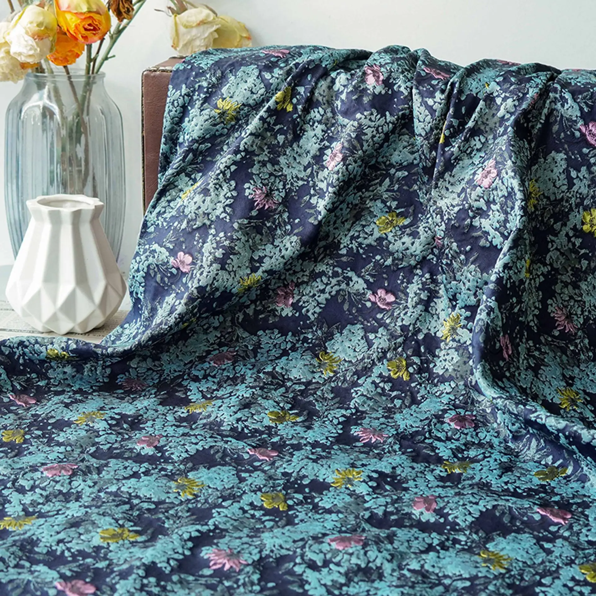 

Country Style Abstract Small Floral Embossed Jacquard Bag Fabric Retro Dress Vest Suit Pillow Handmade Sewing Fabric