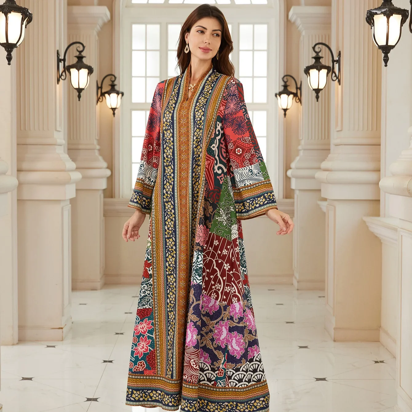 

Ид праздничное платье Абая женское с v-образным вырезом Джалабия с цветочным принтом мусульманское Дубай Vestidos Largo Ramadan Марокко молитвенный кафтан халат 2026