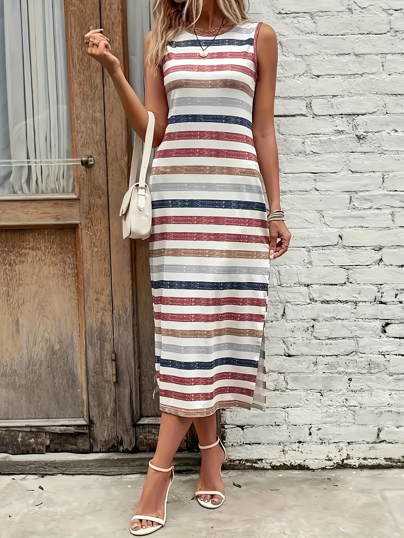 Striped Split Side Tank Dress, Sleeveless Round Neck Boho Dress, Women's Clothing