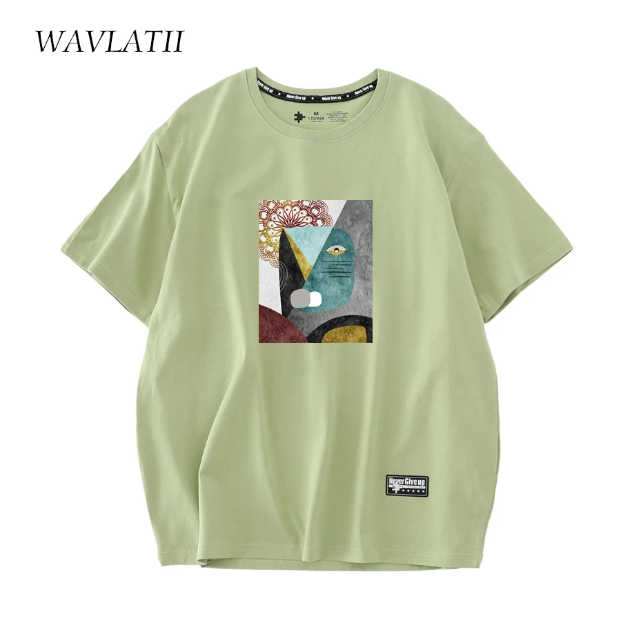 WAVLATII Women 100% Cotton Summer T Shirts Female 210 g/m2 Green White Short Sleeve Tees Lady Fashion Printed Tops WT2221