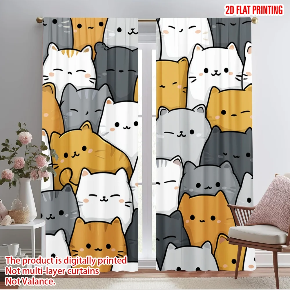 2pcs 2D flat printing Window Treatment Curtains Cute Cats Kawaii 100% Polyester Without Electricity 0 for Living Room Outdoor