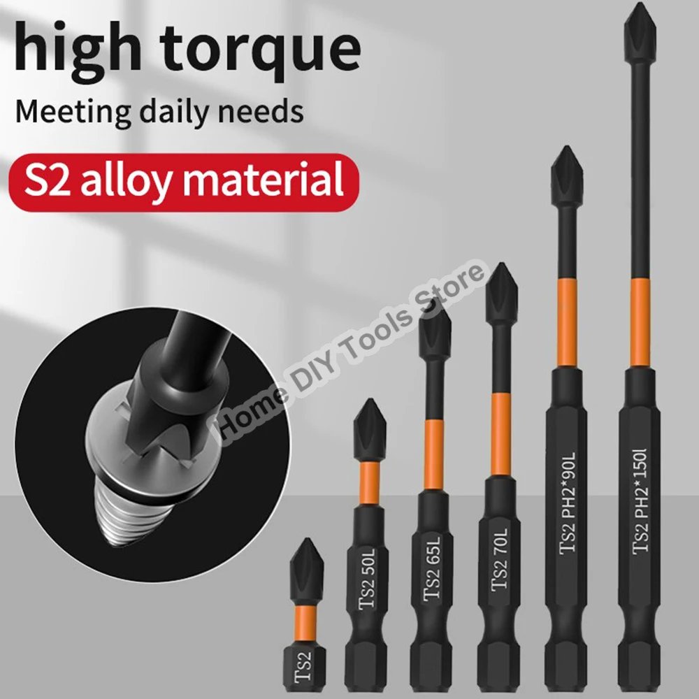 6PCS Cross Screwdriver Head Magnetic Anti Slip High Hardness Electric Screwdriver Tool Electric Drill Extended Hexagonal 25-150m