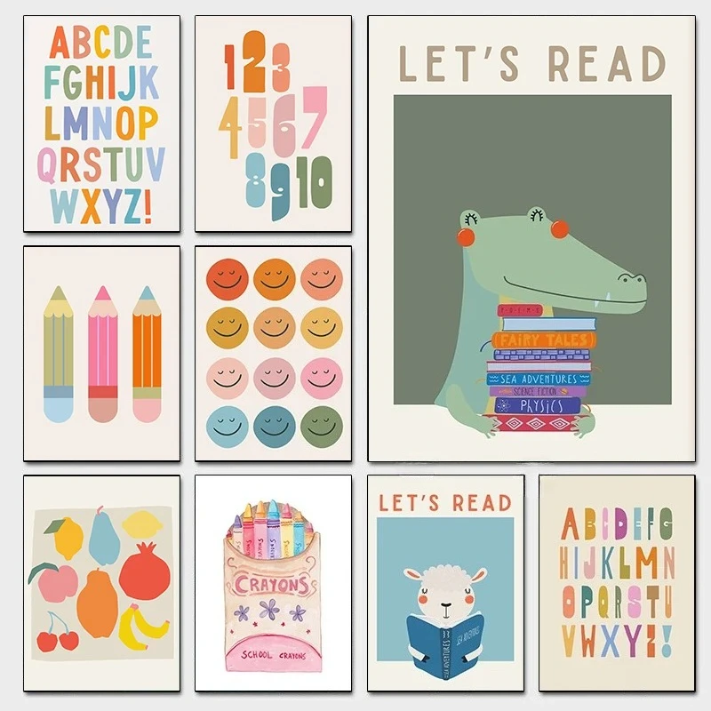 Kids Reading Colorful Canvas Prints Poster Cute Animal Alphabet Educational Art Print Bedroom Nursery Wall Art Home Decor Pos