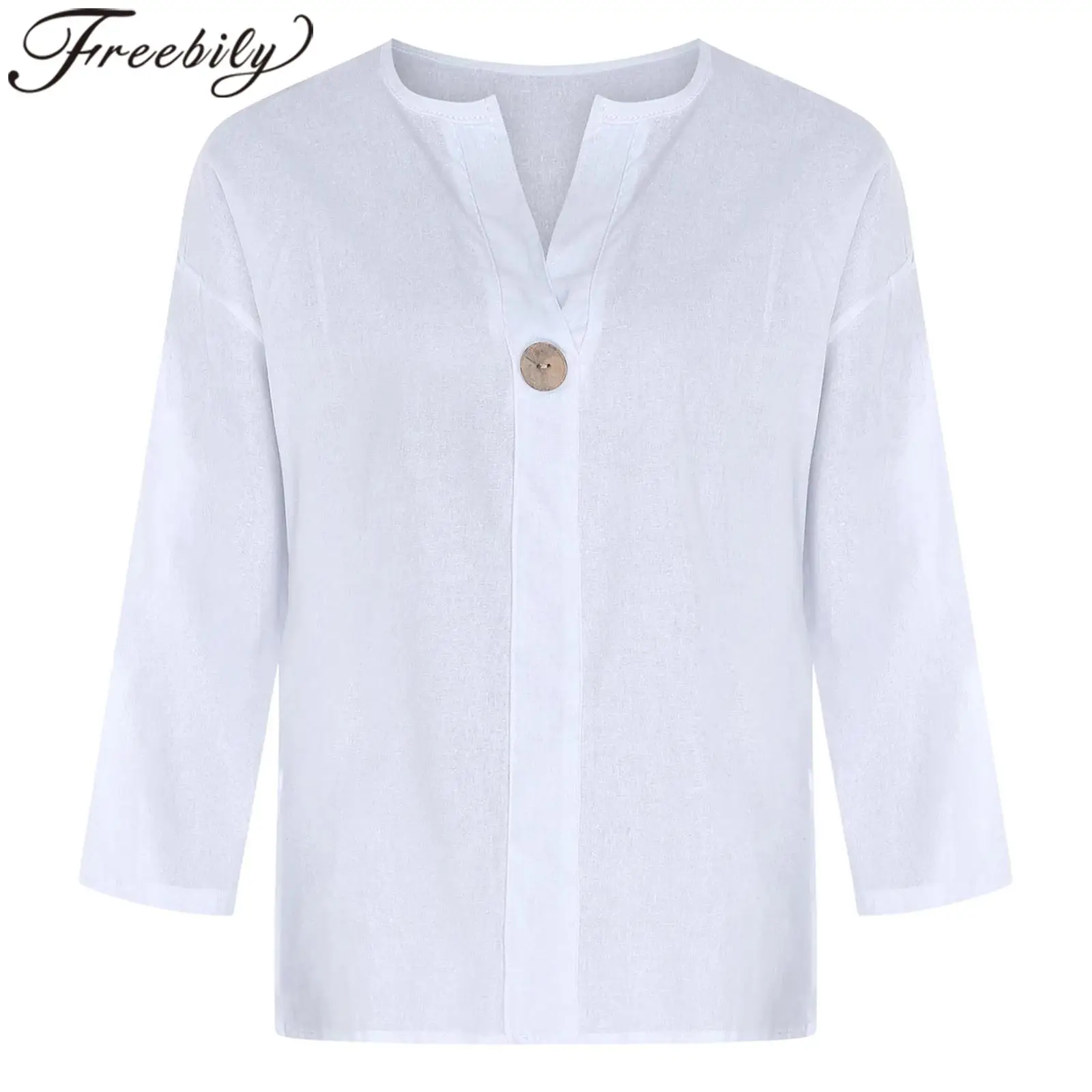 

Women's Linen Shirt Button Down V Neck Solid Blouse Summe Clothes Commuting Office Lady Blouses Mujer Female Clothing