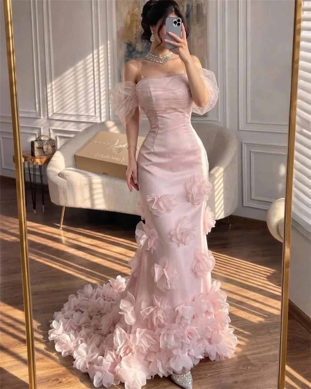 Sansa Customized Pink Formal Mermaid Dress Ruched Strapless Bodice Off Shoulder Tulle Sleeve 3D Flower Floor Length Train Dress