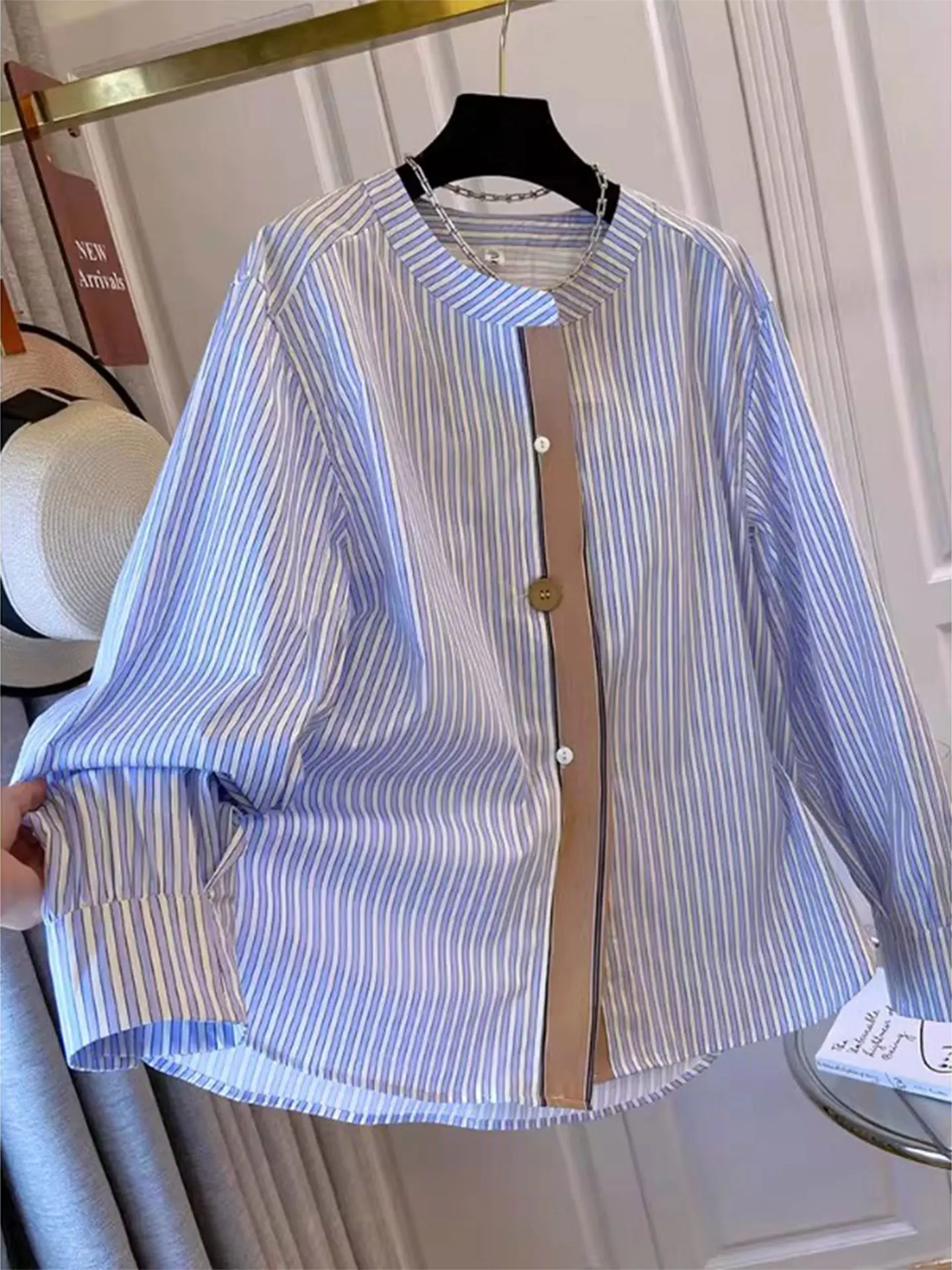 

Blue Striped Long Sve Loose Women's irt Spring 2026 Casual Sle plus Size Cover Belly Base Top Trendy Casual Faion