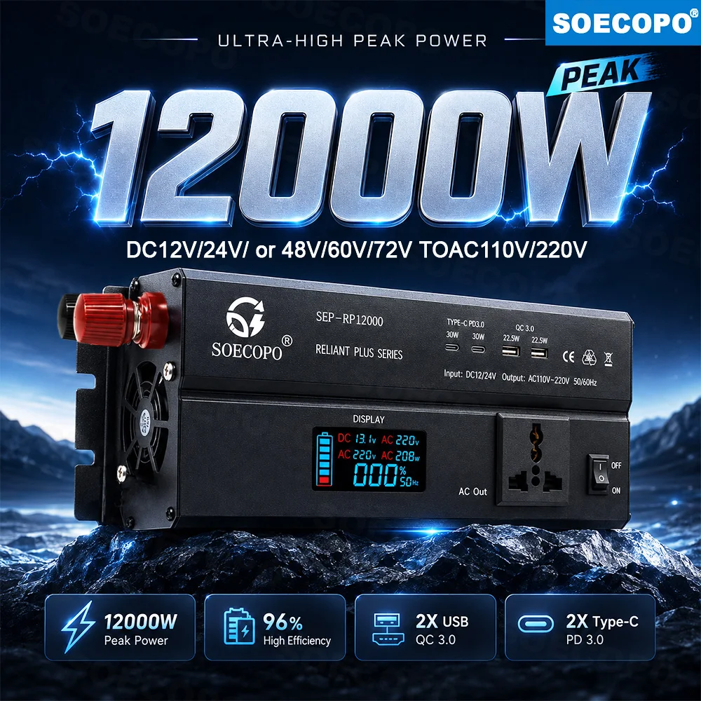 SOECOPO Power Inverter 12000W Peak 12V/24V/48V/60V/72V to 110V 220V Converter 2×PD3.0 Type-C & QC3.0 USB for RV Camping Off-Grid