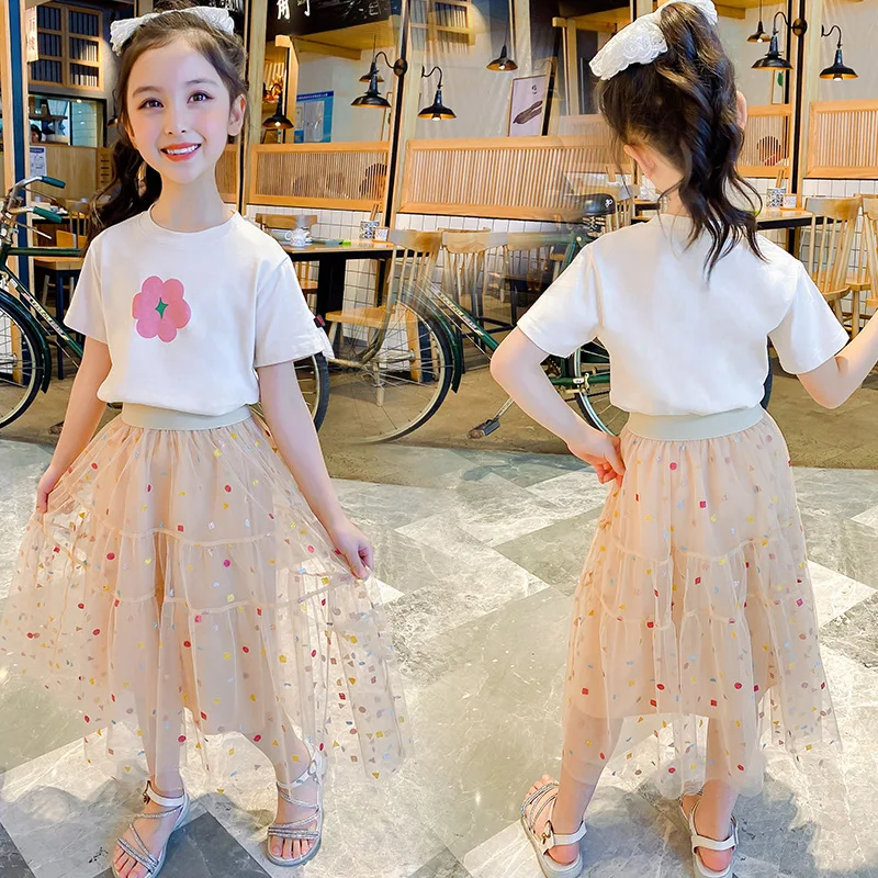 

2024 new summer Teenager Clothes Children Set flower short sleeve T-shirt + Polka Dot A-line layered mesh skirt Suit 4 12 years