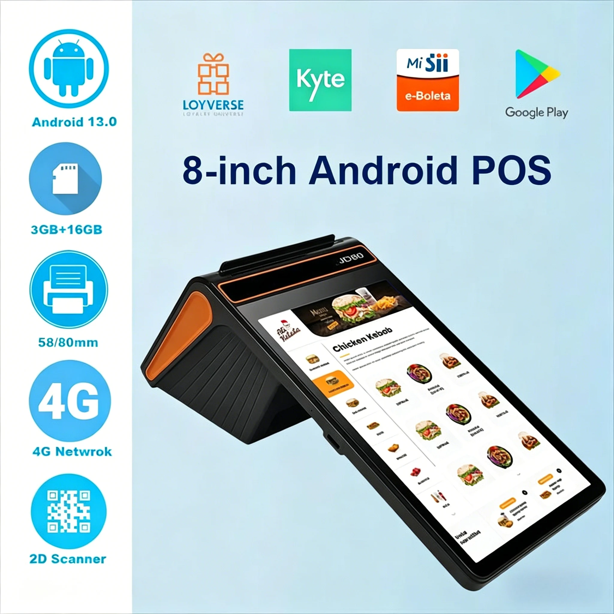 Desktop 8 Inch 3＋16GB Touch Screen Pos Systems Android 13 Handheld Mobile POS Machine Terminal 80mm Printer POS Termina