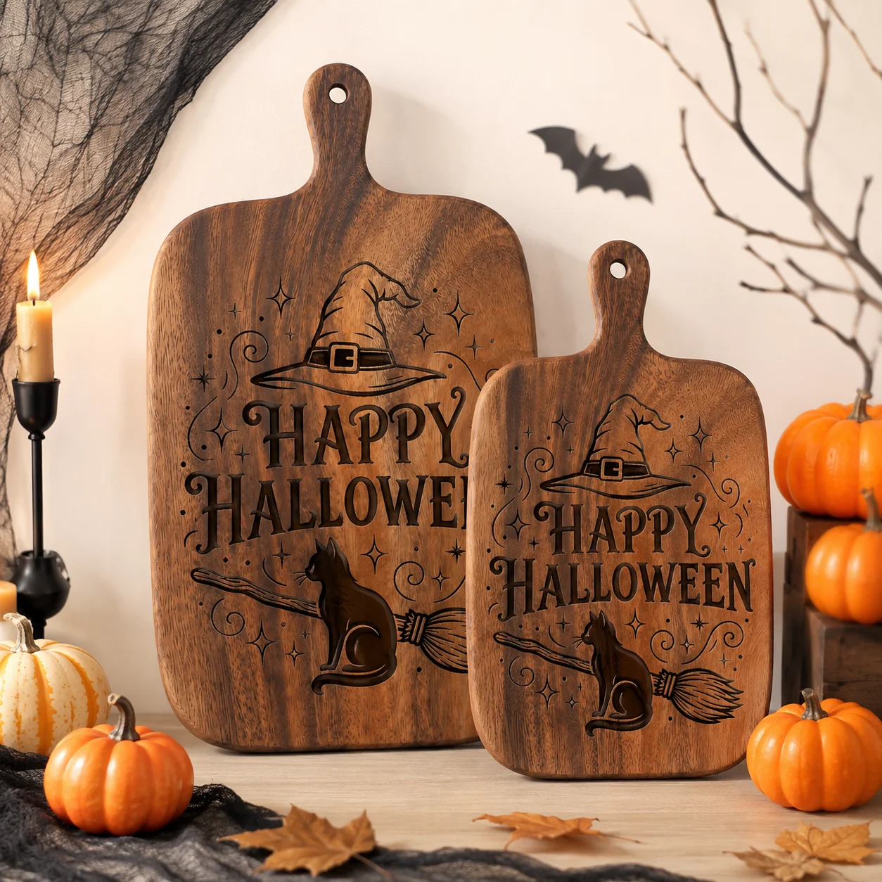 2Pcs/1Pc Halloween Wooden Carved Cutting Board Artistic Carved Steak Board Tabletop Decorative Cutting Board Stylish Long Handle, Made of Solid Wood, Used for Cutting Meat, Cheese, Bread, Vegetables, and Fruits - Deli Board, Cheese Serving Board, Perfect for Food Slicing and Presentation, Portable Camping Cutting Board, a Must-Have for Modern Home and Country Kitchens Mother's Day Gifts, Wedding Season Kitchen Supplies