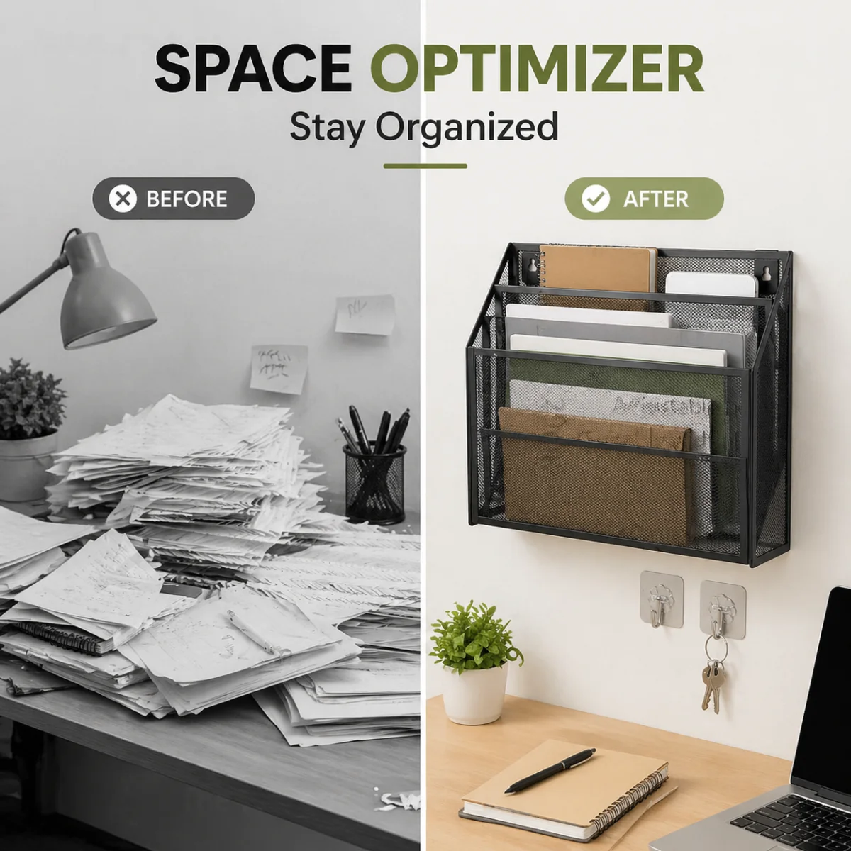 Desktop file organizer - No drilling required - Hooked adhesive strips - Wall-mounted tray holder-Home office and study suppl