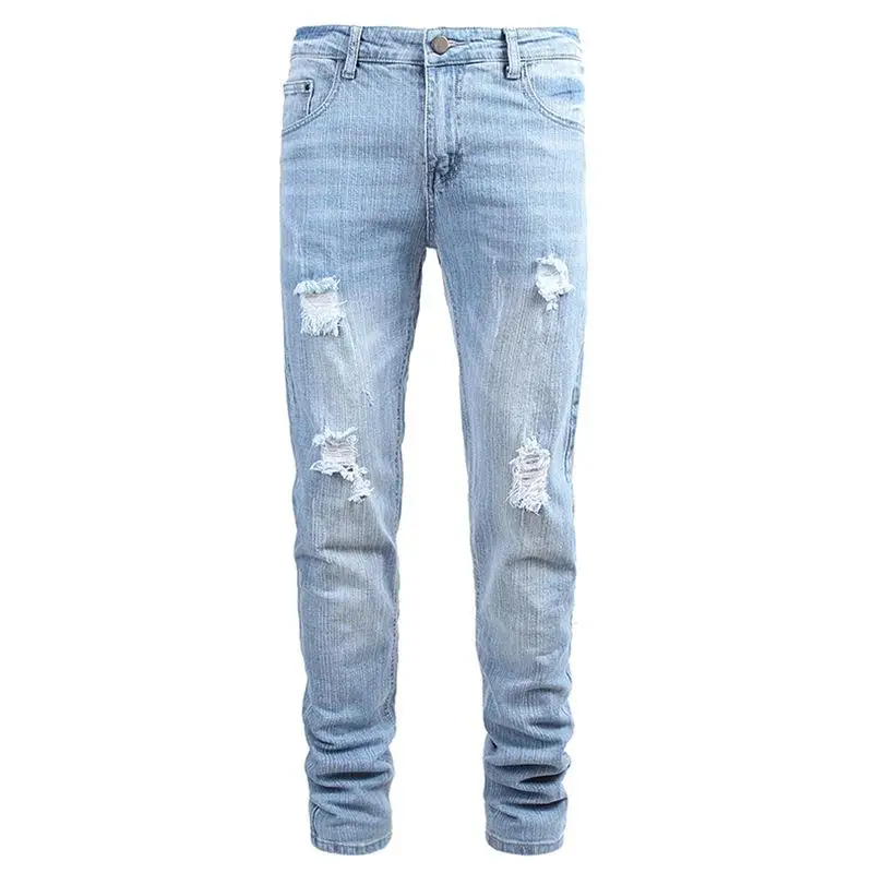 

Light Blue Men's plus Size Straight Leg Jeans Perforated mid Waist Zipper Fly Casual Comfortable Stretchy European Sle