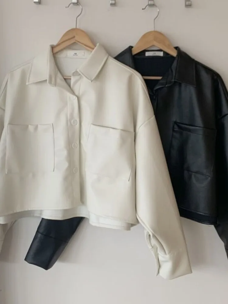 Elegancki płaszcz damski w stylu vintage z imitacji skóry PU, z kołnierzem, pojedynczym zapięciem na zamek, luźny krój, uniwersalny płaszcz na jesień.