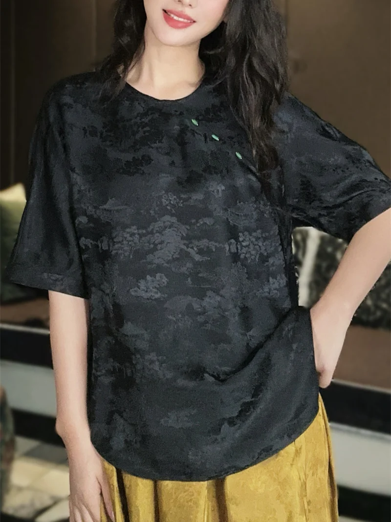 

Silk ort Sve round Ne irt Women's Comfortable Versatile Thin Spring Summer Chinese Sle Embroidered Fanyoo Y50059