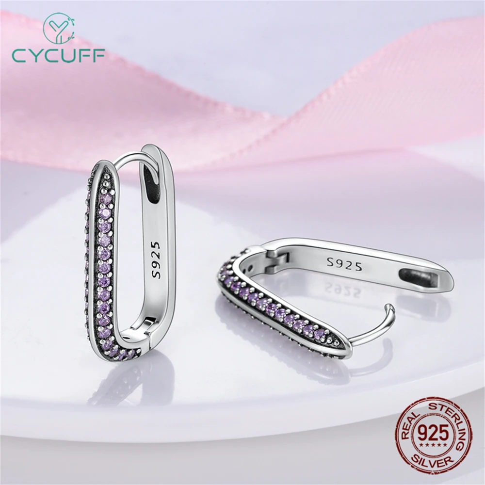 CYCUFF 925 Sterling Silver Sparkling Cubic Zircon Pink Heart Shape Double Hoop Earrings For Women Wedding Engagement Jewelry