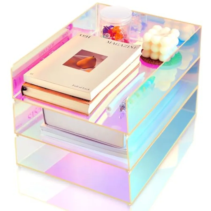 

Набор из 3 переливающихся акриловых органайзеров для бумаг 12,6 x 9,5 x 2,8 дюйма, штабелируемые лотки для бумаг из переливающегося акрила для рабочего стола