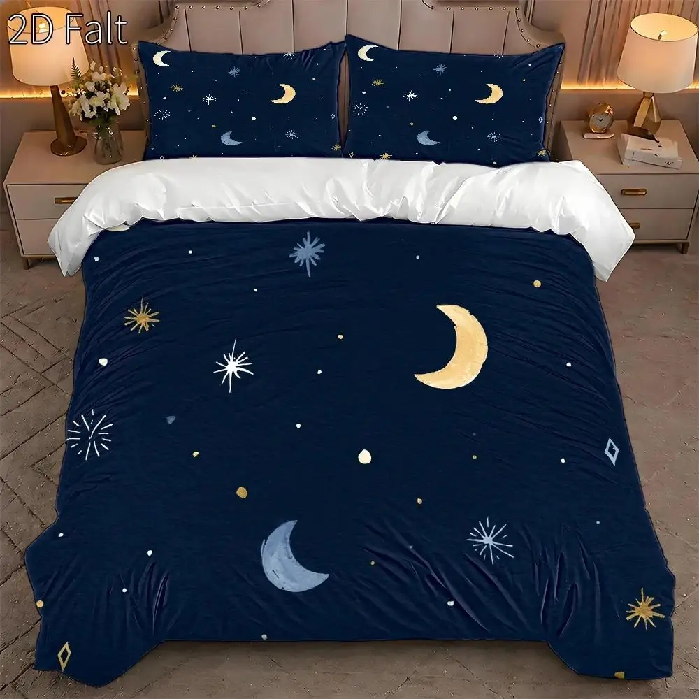 3-Piece Quilt Cover Set, 1 Quilt Cover + 2 Pillowcases (Without Filling) 2D Flat Priting, Three-Piece Quilt Cover Set, Moon and Star Themed Pattern, Hand-Painted Style, Mid-Autumn Festival, Suitable for All Seasons, Machine Washable, Invisible Zipper, Large Quilt Cover Set, Bedding Set, Skin-Friendly, Breathable, Soft and Comfortable, Does Not Fade or Pill, Suitable for Home/Dormitory/Master Bedroom/Guest Room