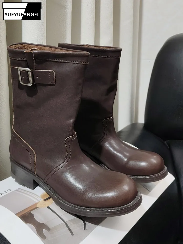 Autumn Warm Women Cowhide Mid-Calf Length Boots Slip-On Block Heels Female Genuine Leather Boots High Quality Round Toe Footwear
