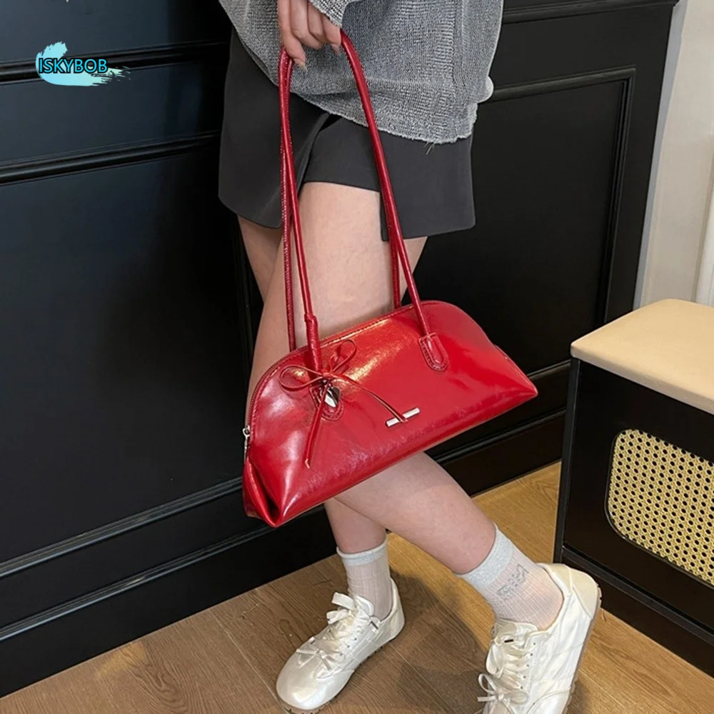 

Fashion Korean Style Plaid Underarm Pack Sweet Bowknot Casual Boston Shoulder Bag PU Leather Solid Color Women Handbag Gift