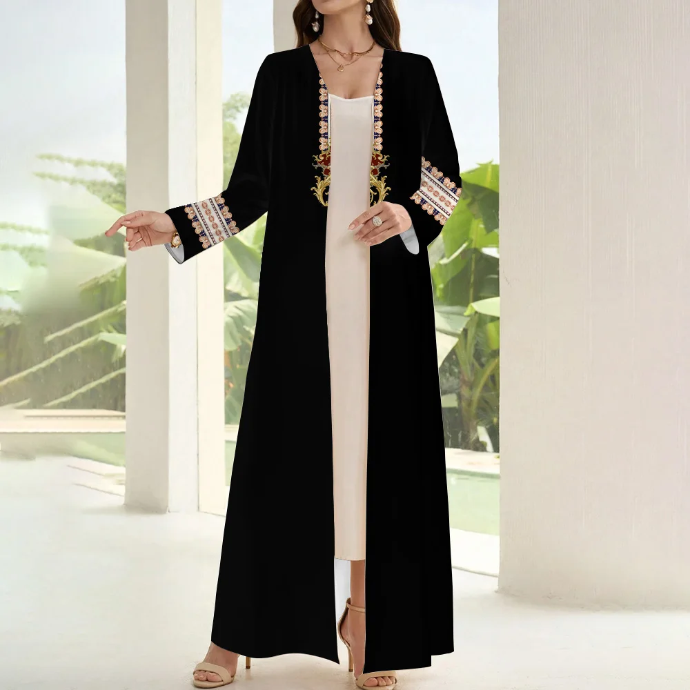 Demure Muslim Black Abaya Islamic Dubai Femme Abaya Milk Fiber Ramadan Clothing Long Sleeve Fake Two Pieces Open Kimono Dresses