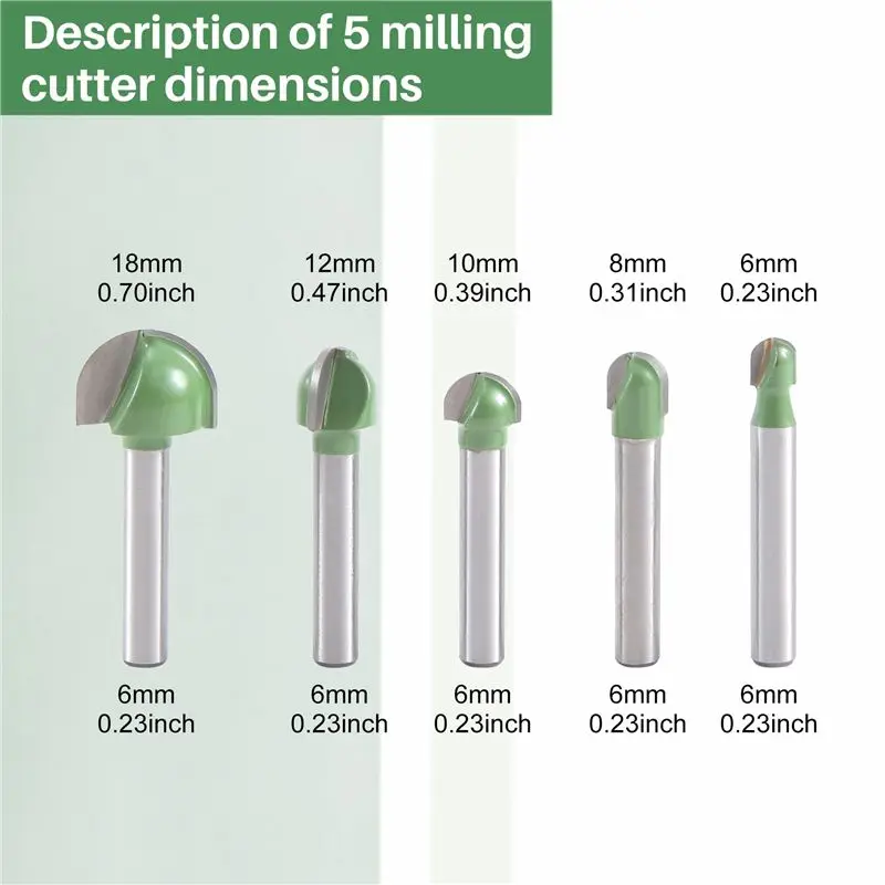 AF93-5Pcs 6Mm Shank Ball Nose Router Bits Set End Mill Round Cove Box Solid Carbide CNC Radius Core Milling Bit
