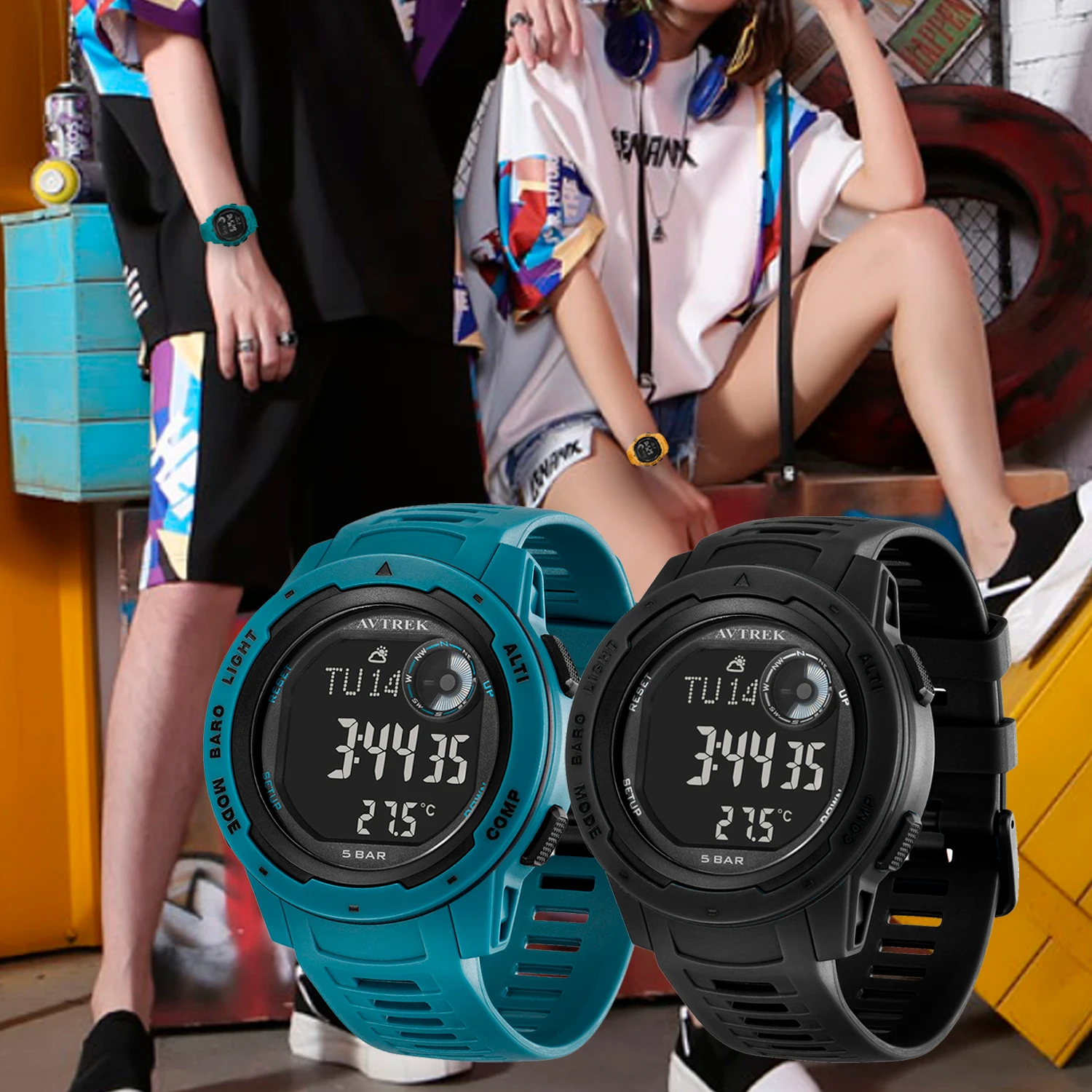 Avtrek กลางแจ้งกีฬาดิจิตอลนาฬิกา Pedometer ผู้ชายนาฬิกาข้อมืออิเล็กทรอนิกส์เข็มทิศกันน้ําเดินป่าปีนเขานาฬิกาท่องเที่ยว