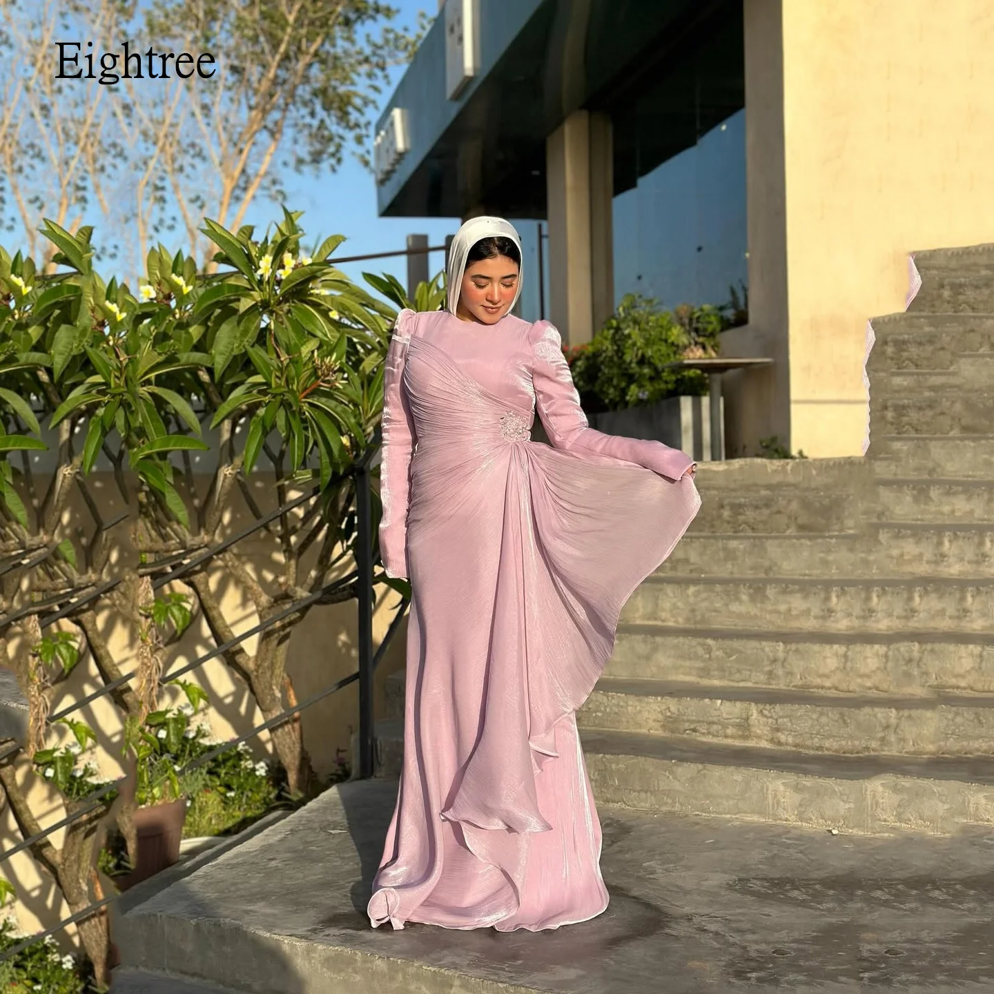 

Eightree Elegant Pink A Line Evening Dresses Long Sleeves Beaded Prom Gown Shiny Floor Length Formal Party Gowns Customized