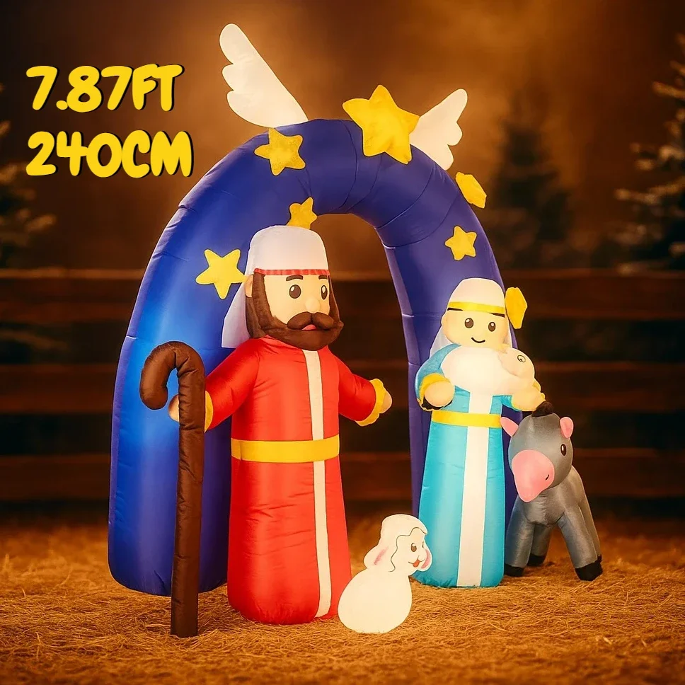 7.87FT Outdoor Inflatable Toy Nativity Jesus Donkey Lamb Holiday Gifts LED Lights Xmas Yard Home Decorations Ornaments Decor