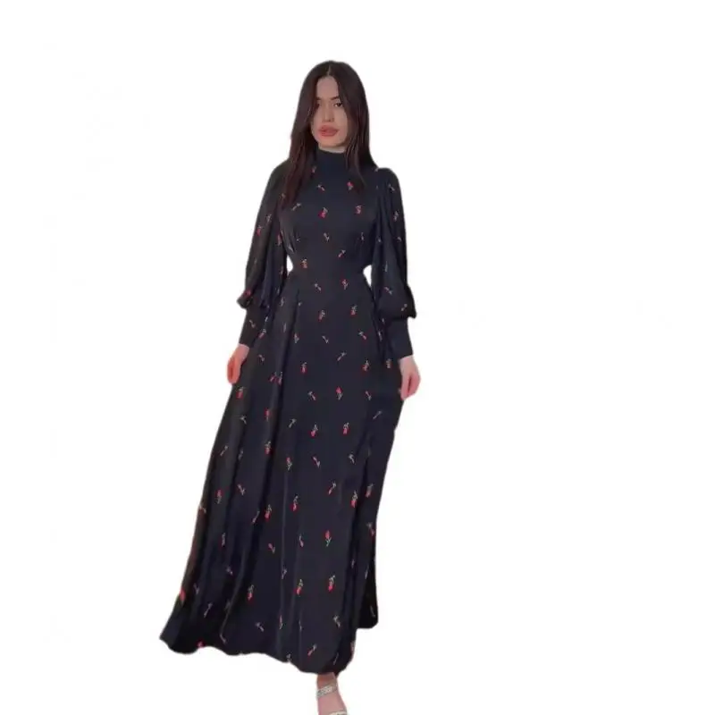 2024 Cherry Printing Elegant Lady Dress Casual Party Dresses for Woman Plus Size Female Maxi Vestidos Full Sleeves Clothing