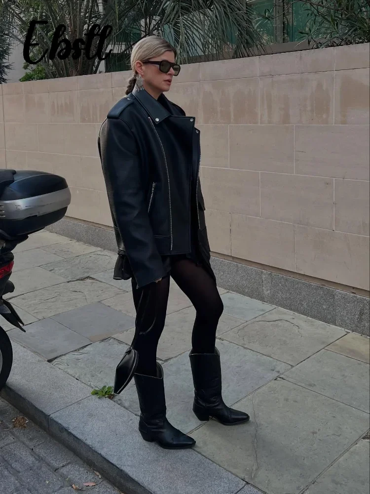 جاكيتات جلدية بسحّاب للنساء ، جيوب بأكمام طويلة بطية صدر ، جاكيت بأزرار ، ملابس خارجية نسائية عالية في الشارع ، جديد ، الخريف ،