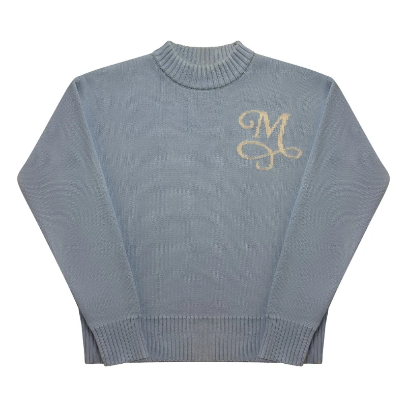 Y2K Harajuku Knit Sky Blue Sweater Retro Embroidered Signature Round Neck Casual Hip Hop High Street Unisex Long Sleeve Sweater