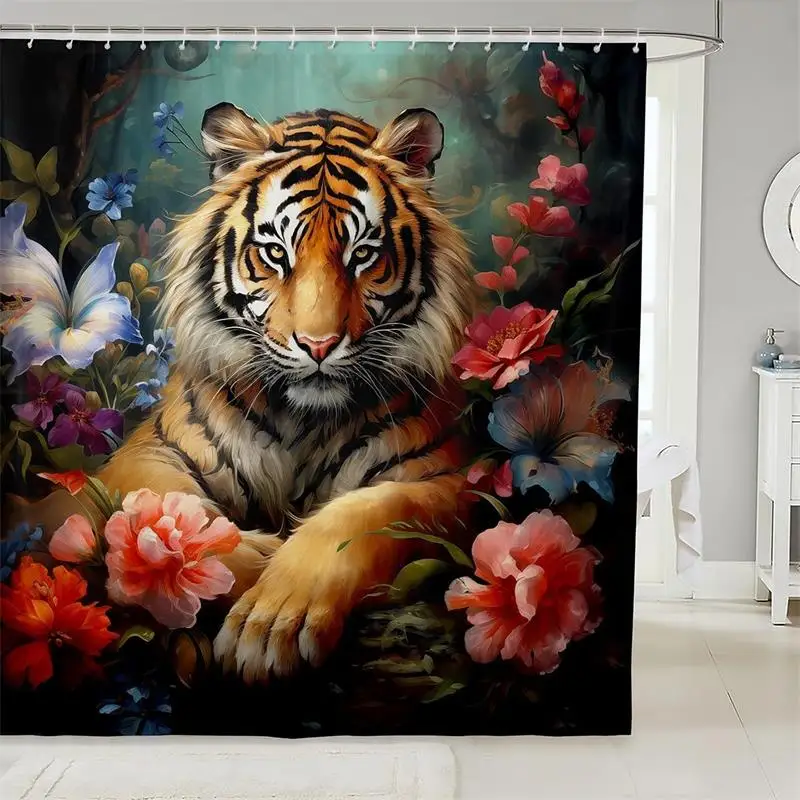 Wildlife Tiger Leopard Shower Curtain Red Rose Pink Floral Jungle Wild Animals Bath Curtains Polyester Home Bathroom Decor Set