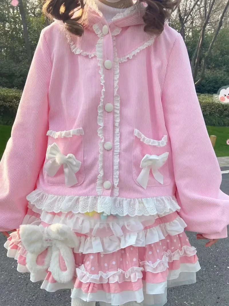 2024 Spring And Autumn Japanese Lolita Rabbit Ear Coat Rojita Lantern Sleeves Pink Color Sweet Cute Jacket For Women\'s Clothes
