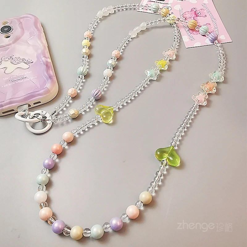 Crossbody Crystal Jelly Bean Beaded Chain Mobile Phone Chain Chain Women's Small Fresh Colorful Beads Hanging Neck Back