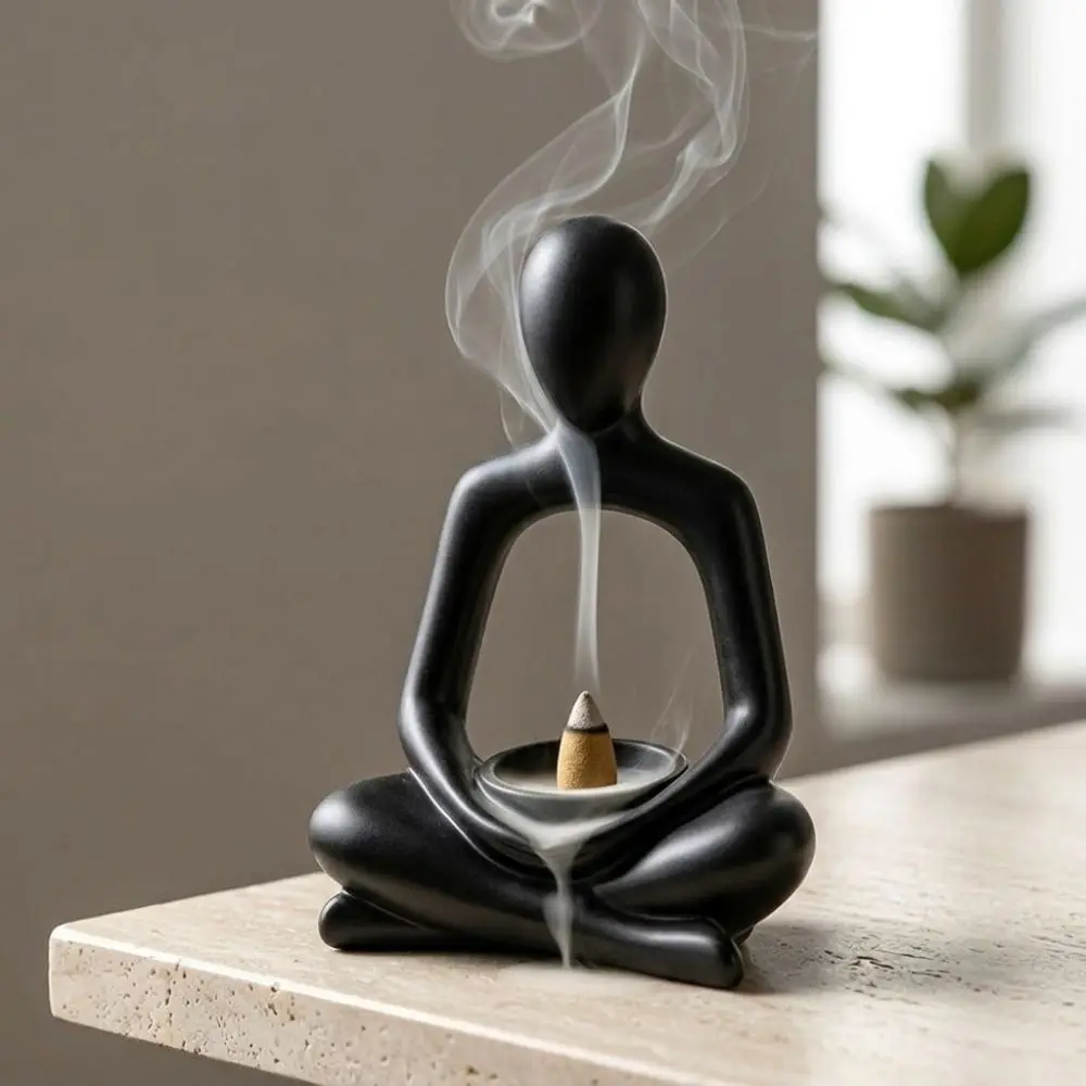 Minimalist Abstract Meditating Figurine Incense Burner Zen Chinese Style 3D Printed Tabletop Incense Cone Holder Cross Legged