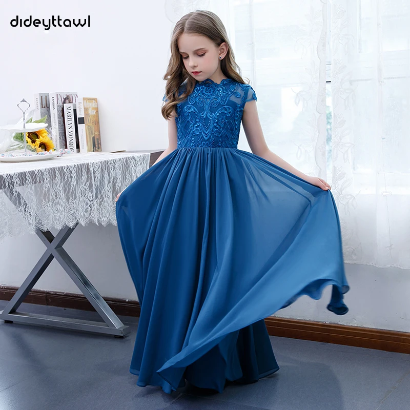 Dideyttawl personalizado azul real gasa encaje flor niñas vestido mangas casquillo A-Line vestido de dama de honor Junior fiesta de cumpleaños