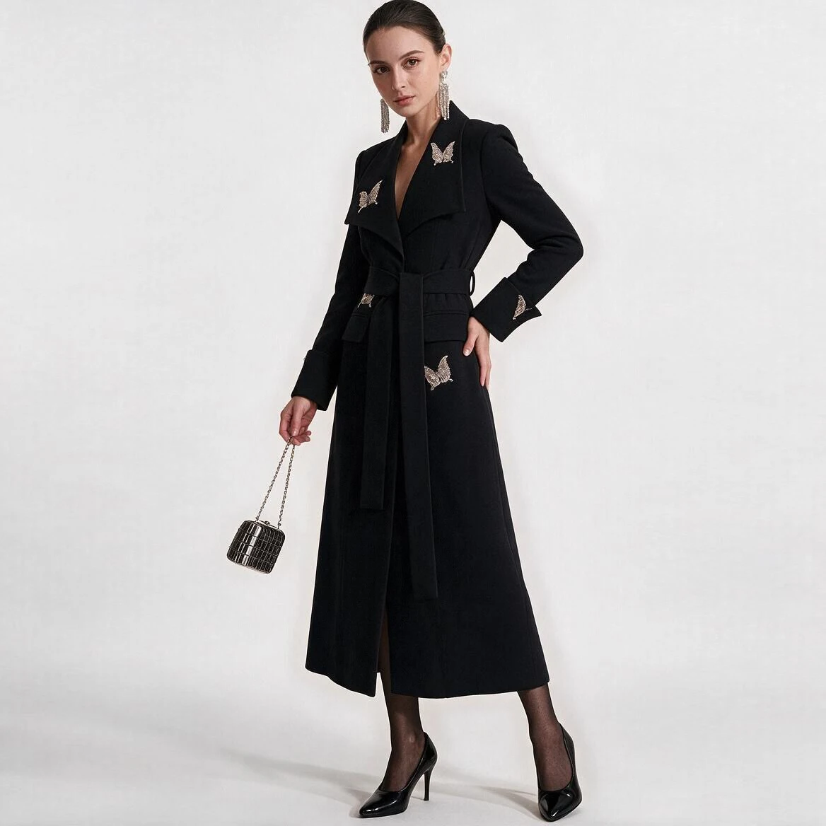 2026 Women Lapel Long Sleeve Solid Spliced Diamonds Chic Long Trench Coat Autumn Temperament Maxi Overcoat