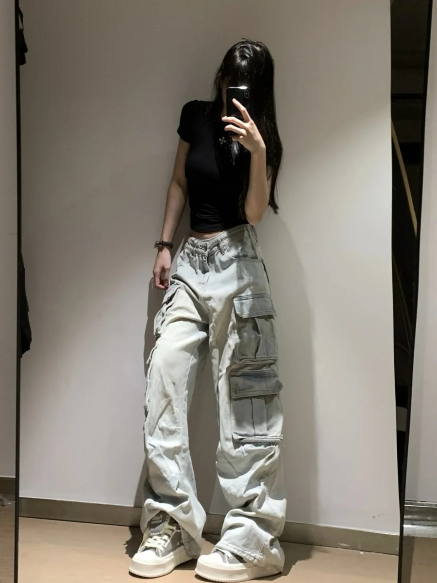 High Waist Extended Length American Retro Multi-Pocket Work Pants Women Light Color Slim Wide Leg Jeans Casual Loose Fit