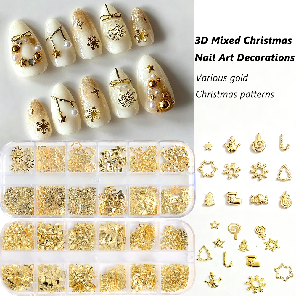 12-Grid Christmas Metal Nail Charms Set – 3D Gold and Silver Snowflakes, Stars, Snowmen, and Christmas Trees, DIY Nail Supplies