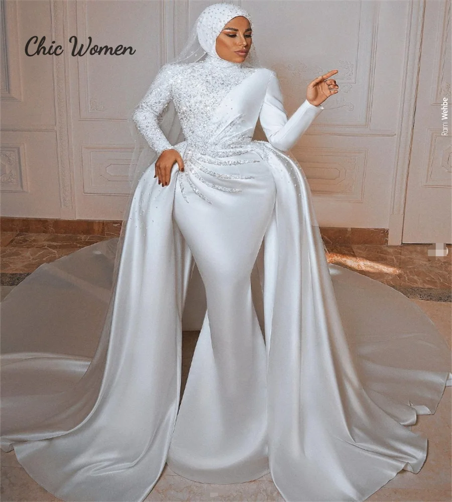 

Sparkly Muslim Wedding Dress With Overksirt Train Glitter Ivory Mermaid Arabic Dubai Bridal Gowns Long Sleeve Bride Customized