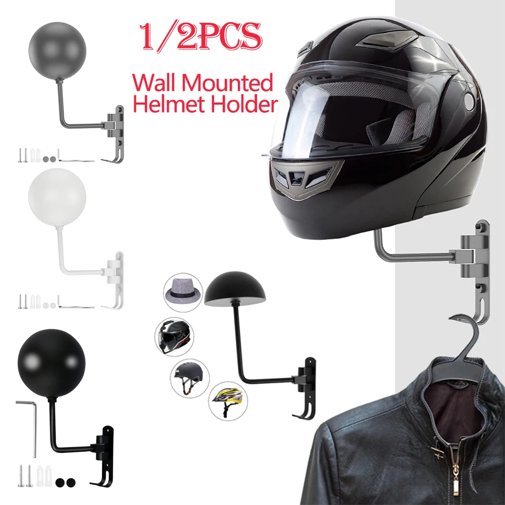 1/2Pcs Wall Mounted Helmet Holder Stainless Steel 180° Rotation Motorcycle Rack with Double Hook Bike Helmet for Bicycle Helmets