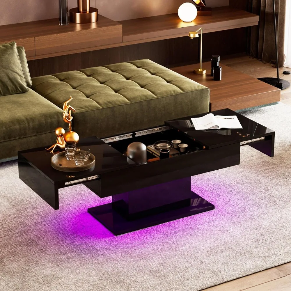 Black LED Coffee Table with Storage for Living Room, Living Room Table Rectangular Center Table, Modern High Glossy Wooden Coffe