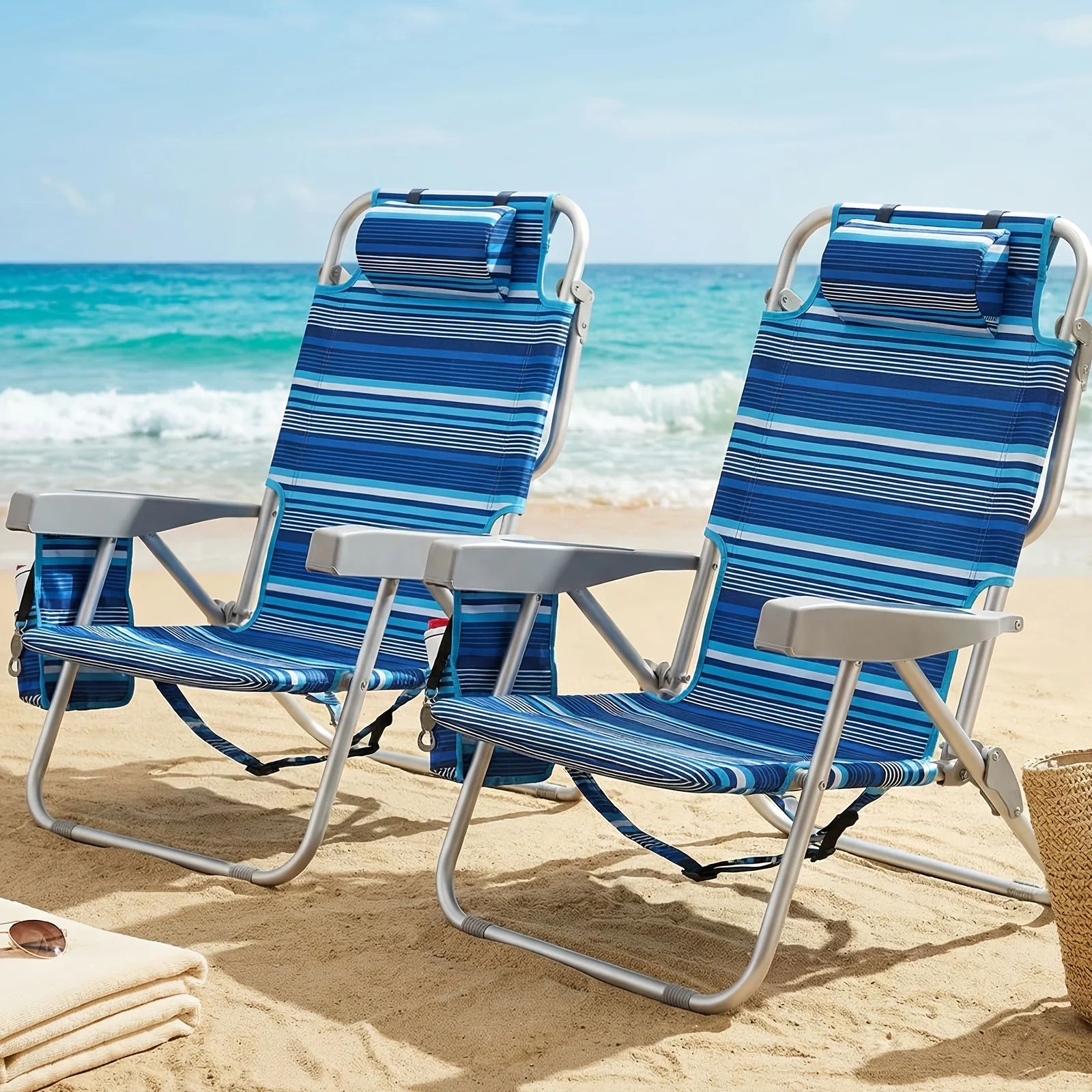 

Portable Beach Chair, Lightweight Beach Chair for Adults, Folding Camping Chair with Organizer Bag, Cooler Pouch, Storage Pouch