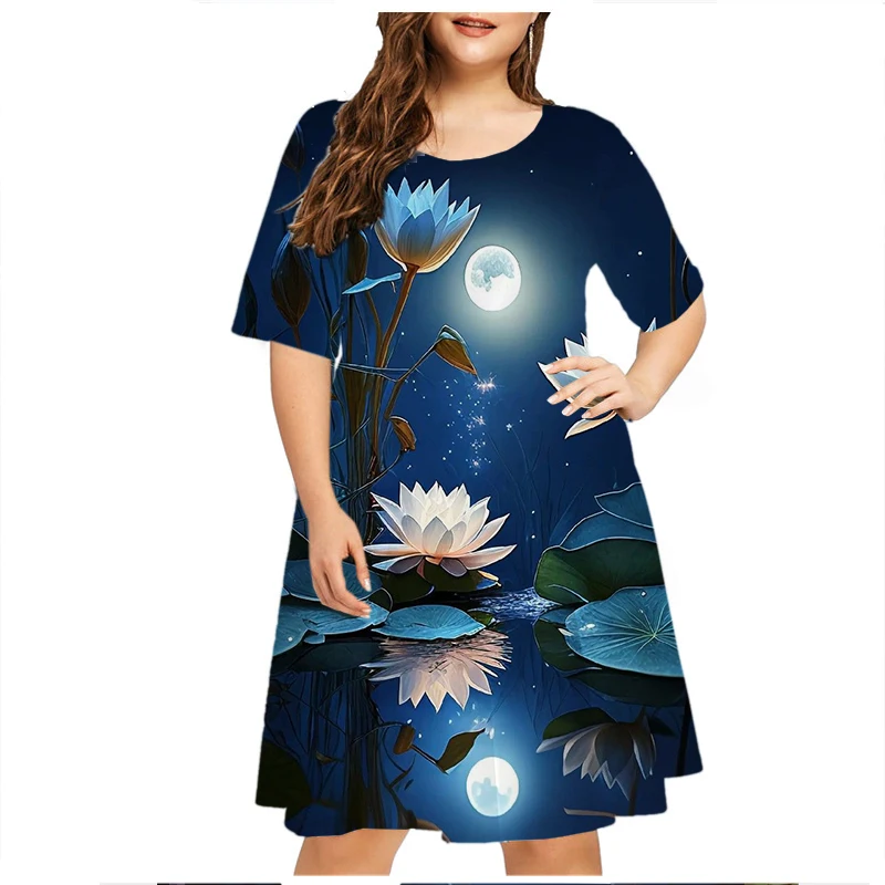 Lotus Leaf Flower Print Dress Women Elegant Summer Beach Style Short Sleeve Dress Loose Plus Size Clothes Casual Female Sundress