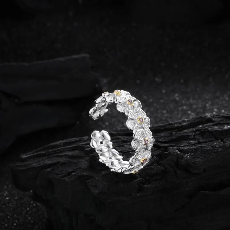 S925 Sterling Silver Geometric Charm 3D Gardenia Flower Zircon Stamen Opening Ring for Women Fine Jewelry Minimalist Accessories